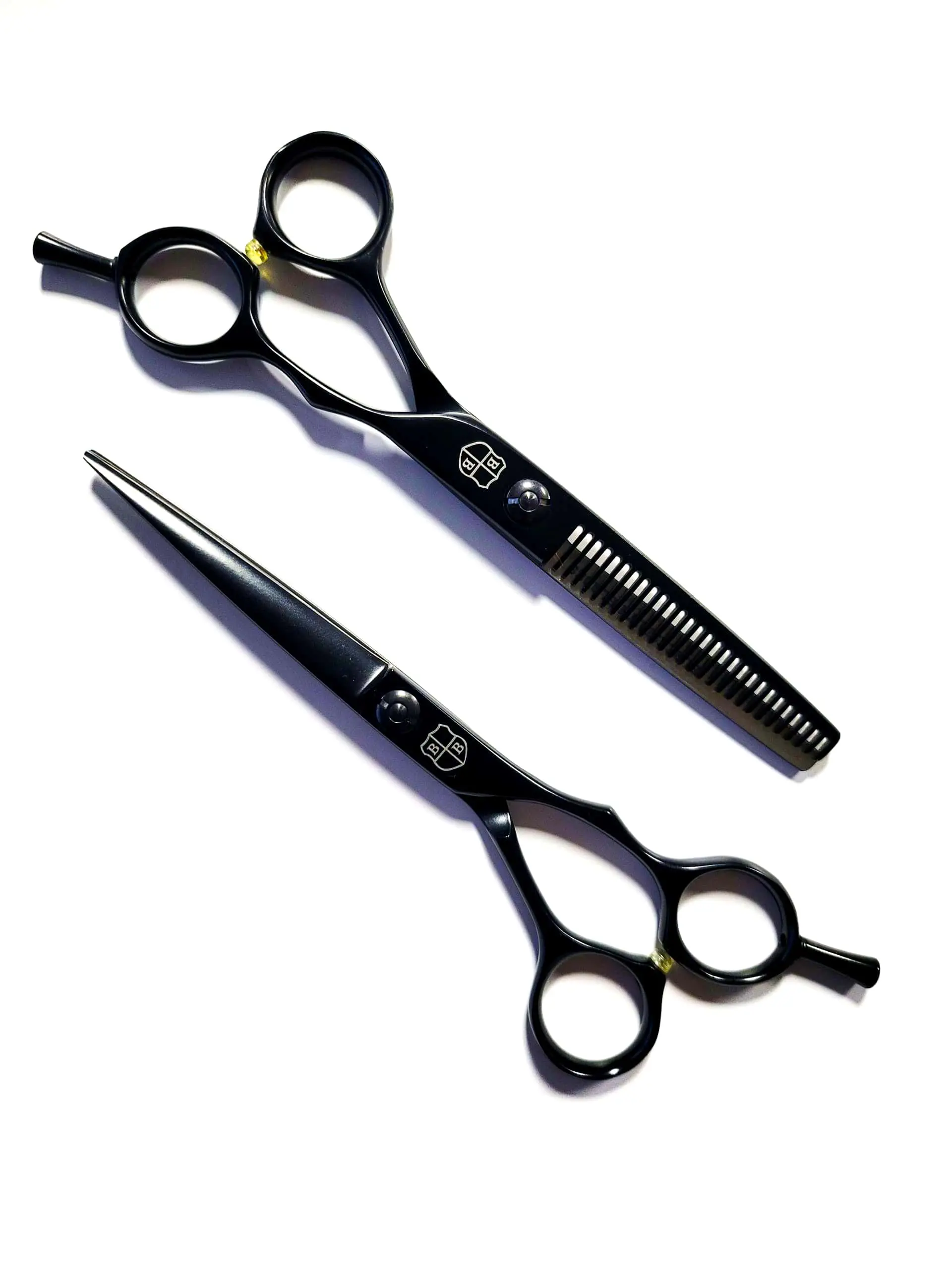 Blacksmith Blades hair cutting set. Hair cutting shears and thinning shears. Matte black color.